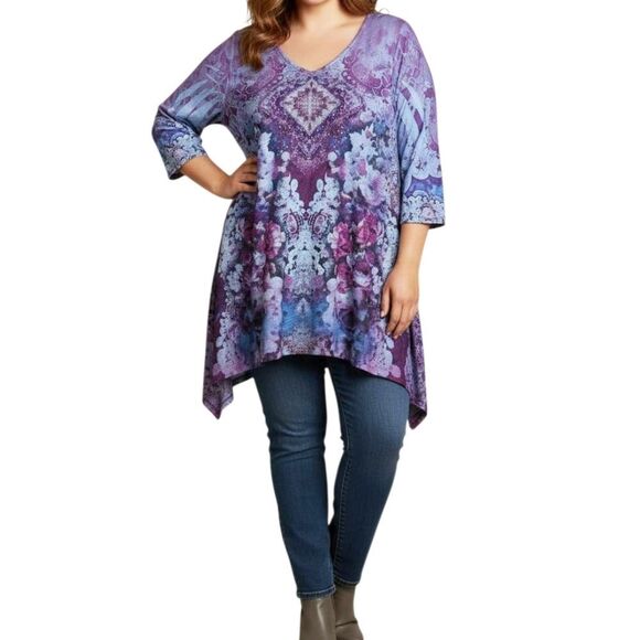 Oneworld Purple & Blue Floral Rhinestone Sublimation Floral Sweater Tunic Top 1X - Picture 1 of 7